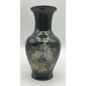 Vintage Japanese Cranes Floral Gold Accent Black Porcelain Vase 8" PRETTY